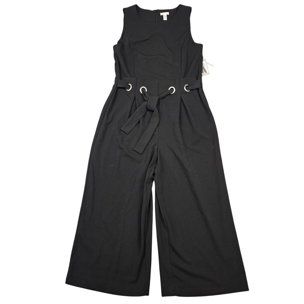 Spense Jumpsuit Womens Medium Black Sleeveless Belted Wide Leg Knit Cropped